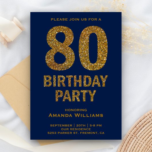 Invitation Faux Gold Parties scintillant 80e anniversaire de 