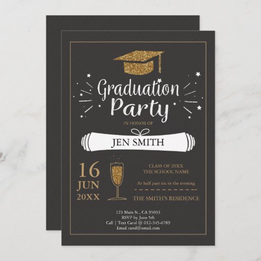 Invitation Faux Gold Parties scintillant Casquette Graduation (Devant / Derrière)