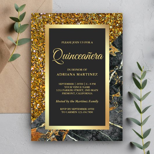 Invitation Faux Gold Parties scintillant Charcoal Gris Marble