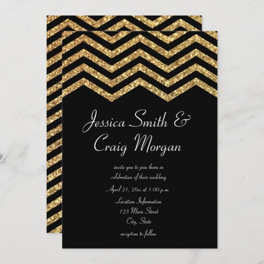 Invitation Faux Gold Parties scintillant et Black Chevron Mar (Devant / Derrière)