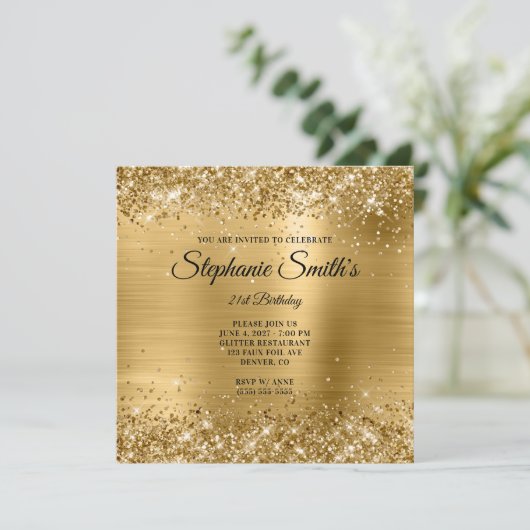 Invitation Faux Gold Parties scintillant Foil Monogramme 21e  (Debout devant)