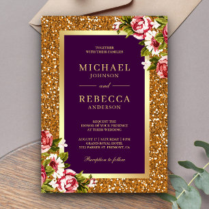 Invitation Faux Gold Parties scintillant rose Floral Plum vio