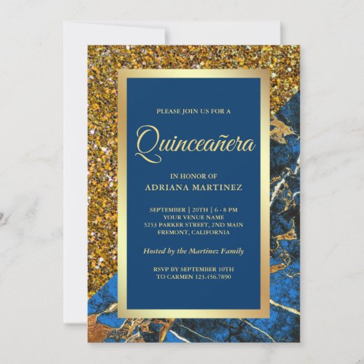 Invitation Faux Gold Parties scintillant Royal Blue Marble Qu (Devant)