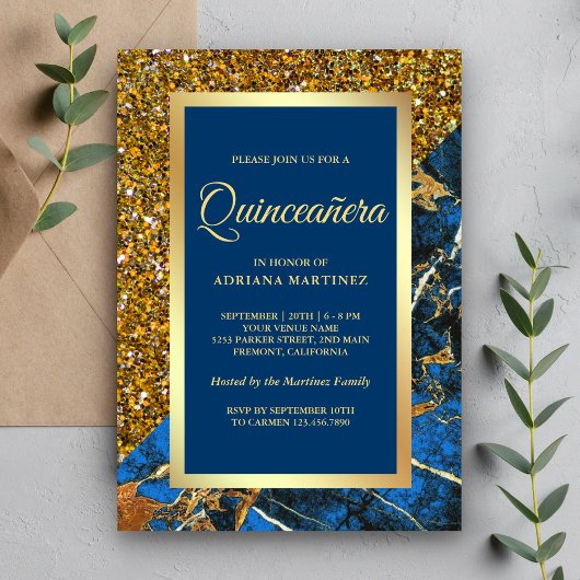 Invitation Faux Gold Parties scintillant Royal Blue Marble Qu