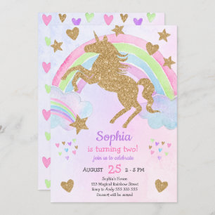 Invitation Faux Gold Parties scintillant Unicorn fille Annive