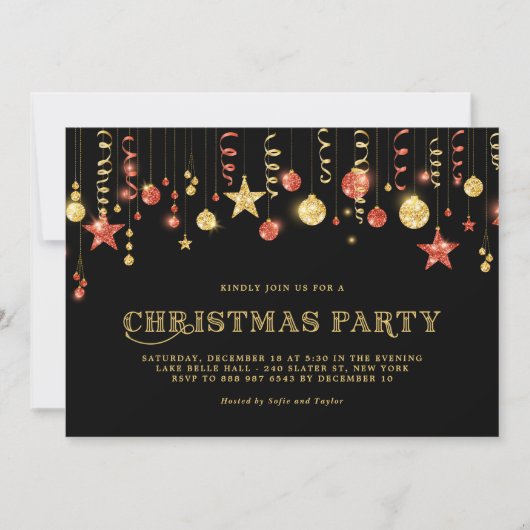 Invitation Faux Gold & Red Parties scintillant Ornements Noël (Devant)