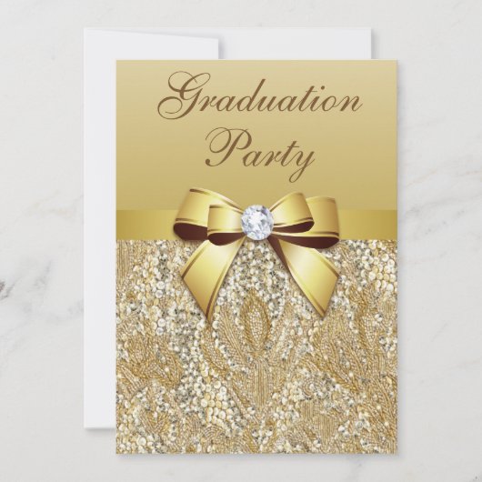 Invitation Faux Gold Sequins et Bow Girls Graduation Party (Devant)