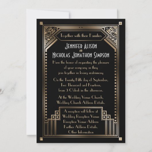 Invitation Faux Gold Shaded Art déco Mariage (Devant)