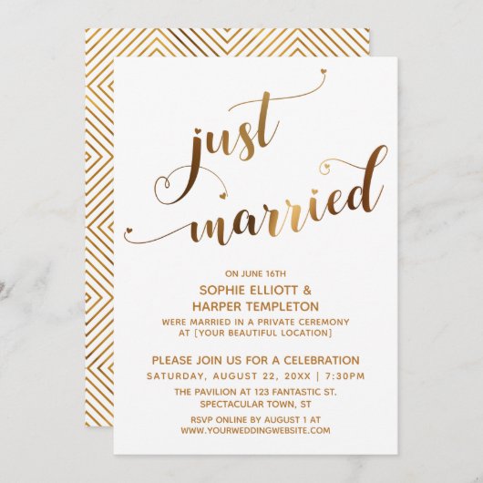 Invitation Faux Gold sur White Just Married Post-Mariage Even (Devant / Derrière)