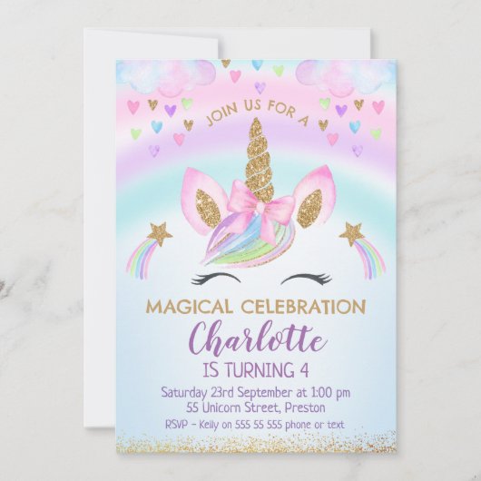 Invitation Faux Gold Unicorn Bow Rainbow Anniversaire (Devant)