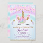 Invitation Faux Gold Unicorn Bow Rainbow Anniversaire (Devant / Derrière)