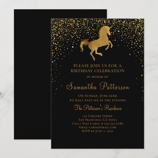 Invitation Faux Gold Unicorn et étoiles Anniversaire Invitati (Devant / Derrière)