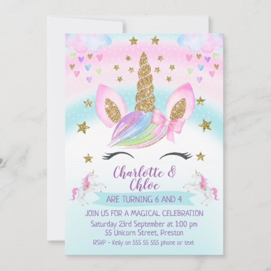 Invitation Faux Gold Unicorn Rainbow Joint Anniversaire (Devant)