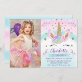Invitation Faux Gold Unicorn Rainbow Photo Anniversaire (Devant / Derrière)