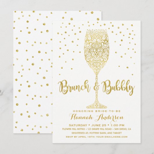 Invitation Faux Gold & White Brunch & Bubbly Fête des mariées (Devant / Derrière)