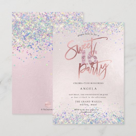 Invitation Faux Hologram Sweet 16 Bleu Diamant Étalé (Devant / Derrière)