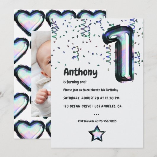 Invitation Faux Holographic Balloon 1er anniversaire Invitati (Devant / Derrière)