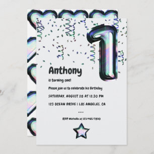 Invitation Faux Holographic Balloon 1er anniversaire Invitati