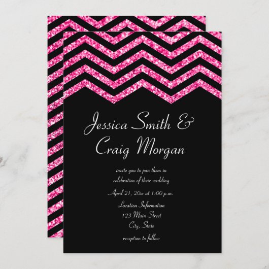 Invitation Faux Hot rose et Parties scintillant noire Chevron (Devant / Derrière)