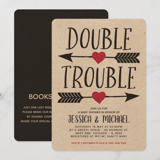 Invitation Faux Kraft Double Trouble Twin Baby shower (Devant / Derrière)