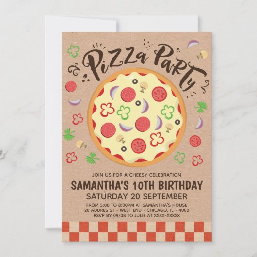Invitation Faux Kraft Pizza Party Anniversaire (Devant)