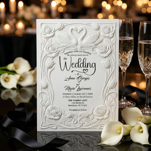 Invitation Faux Letterpress Embossed Floral Swan Wedding  