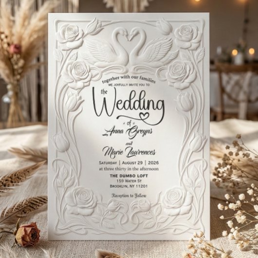 Invitation Faux Letterpress Embossed Floral Swan Wedding  