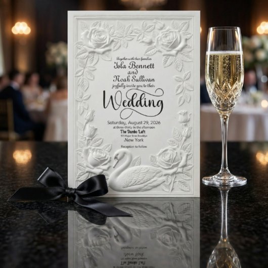 Invitation Faux Letterpress Embossed Swan Floral Wedding