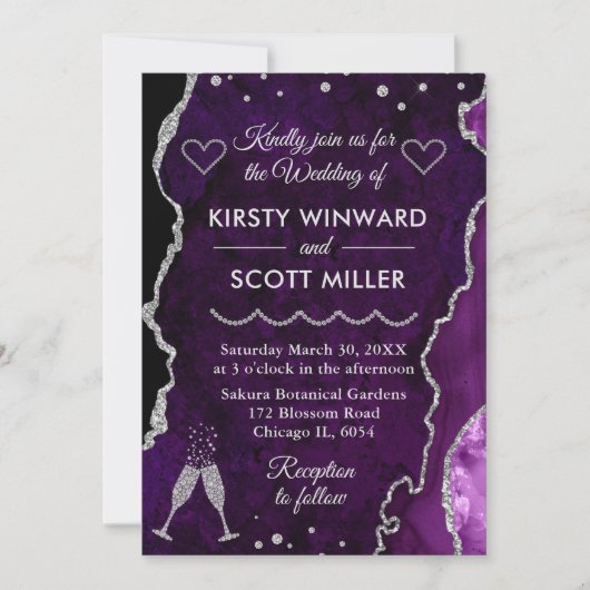 Invitation Faux marbre d'agate violet et argent pour mariage (Devant)
