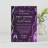 Invitation Faux marbre d'agate violet et argent pour mariage (Debout devant)