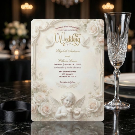 Invitation Faux Marbre & Relief Angélique de Mariage en Or