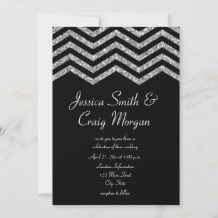 Invitation Faux mariage argent paillettes et chevron noir