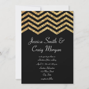 Invitation Faux Mariage Paillettes D'or et Chevron Noir