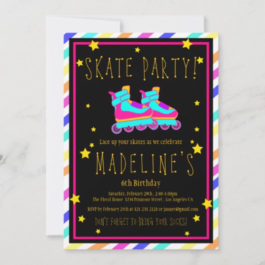 Invitation Faux Neon Roller Skate Chalkboard Arc-en-ciel Anni (Devant)