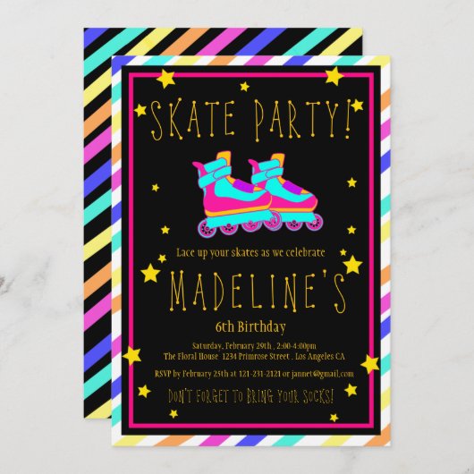 Invitation Faux Neon Roller Skate Chalkboard Arc-en-ciel Anni (Devant / Derrière)