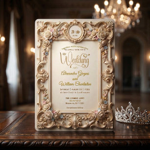 Invitation Faux or crest floral rococo embossé doré
