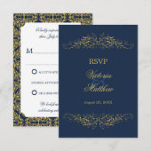 Invitation Faux or damasquerie dorée Bleu marine RSVP (Devant / Derrière)
