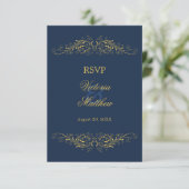 Invitation Faux or damasquerie dorée Bleu marine RSVP (Debout devant)
