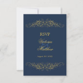 Invitation Faux or damasquerie dorée Bleu marine RSVP (Devant)