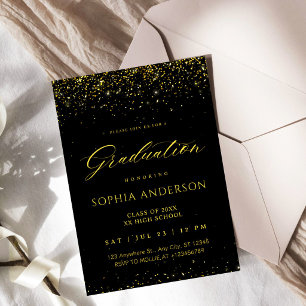 Invitation Faux or élégant Confetti Or Noir Diplômé