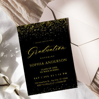 Invitation Faux or élégant Confetti Or Noir Diplômé