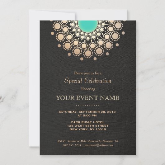 Invitation Faux Or et Turquoise Mandala Rond Noir (Devant)
