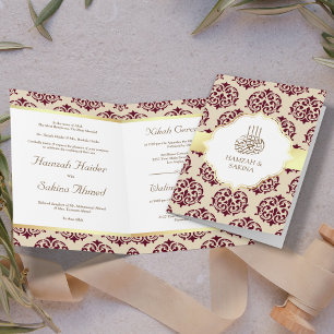 Invitation Faux Or Feuille Bordeaux Rouge Damas Mariage Musul