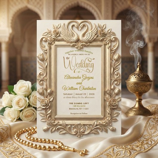Invitation Faux Or Feuille Embossé Baroque Fleurs Mariage