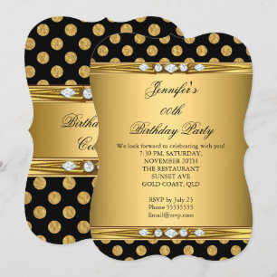 Invitation Faux Or Feuille Noir Points de Diamant Anniversair
