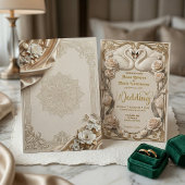 Invitation Faux Or Feuille & Satin Illusion Baroque Cygnes