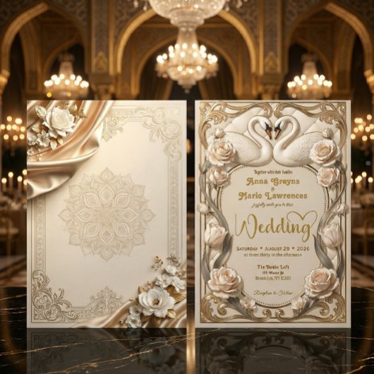 Invitation Faux Or Feuille & Satin Illusion Baroque Cygnes