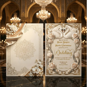 Invitation Faux Or Feuille & Soie Illusion Baroque Cygnes