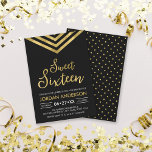 Invitation Faux Or moderne Chevron Sweet 16 Anniversaire<br><div class="desc">Moderne Sweet 16 invitation anniversaire avec un élégant chevron géométrique et le mot "Sweet sixteen" en faux or contre un arrière - plan noir. La carte comprend un motif correspondant à l'arrière. Consultez les éléments correspondants ici http://www.zazzle.com/collections/modern_faux_gold_chevron_celebration_collection-119531050277382712?rf=238364477188679314 Personnalisez-le en remplaçant le texte de l'espace réservé pour ajouter vos informations. Pour...</div>