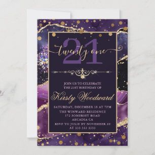 Invitation Faux Or Pailleté Anniversaire Agate Rose Et Violet